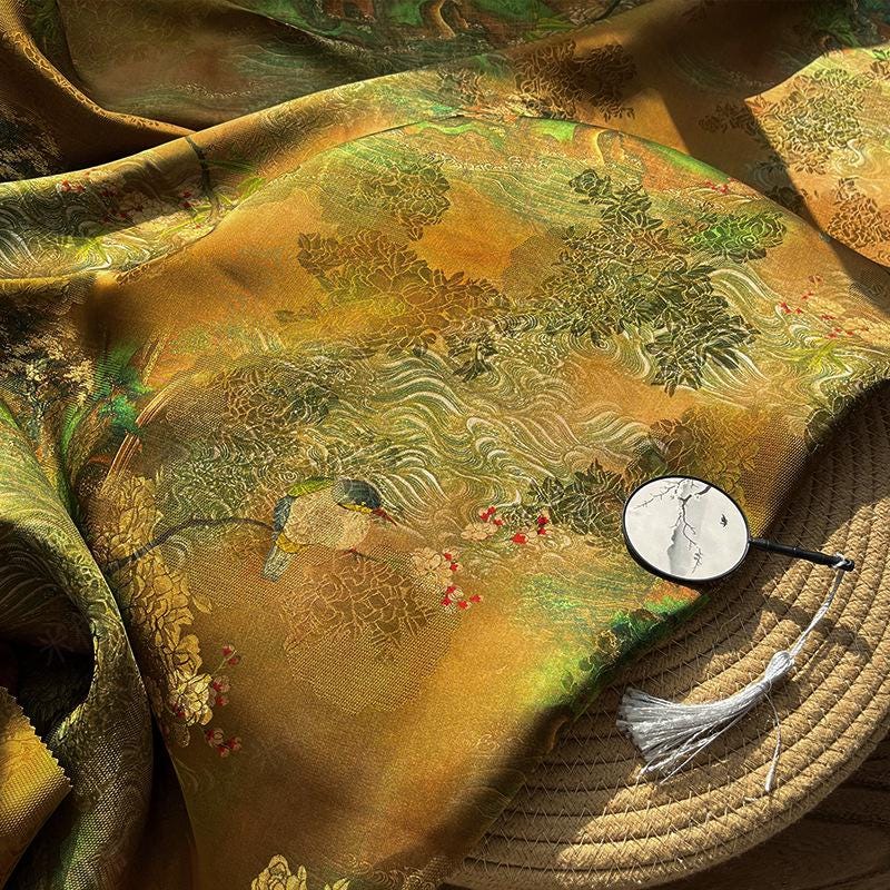 Rayon Silk Jacquard Xiangyun Fabric ��� Emerald Gold Feather Handwoven Textile for Dress, Cheongsam, DIY Sewing, Costume Fabr" Wide