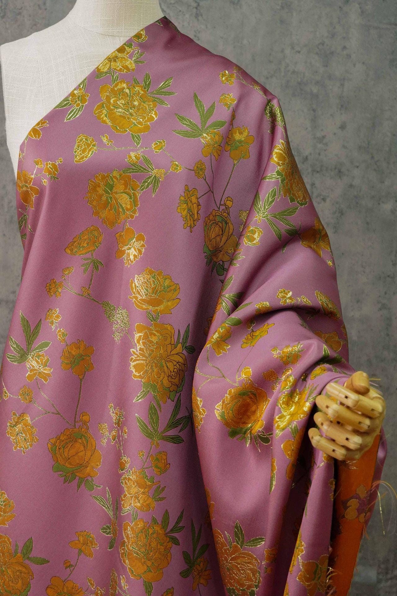 Gold Thread Purple Jacquard Fabric: Peony Pattern, 59" Wide