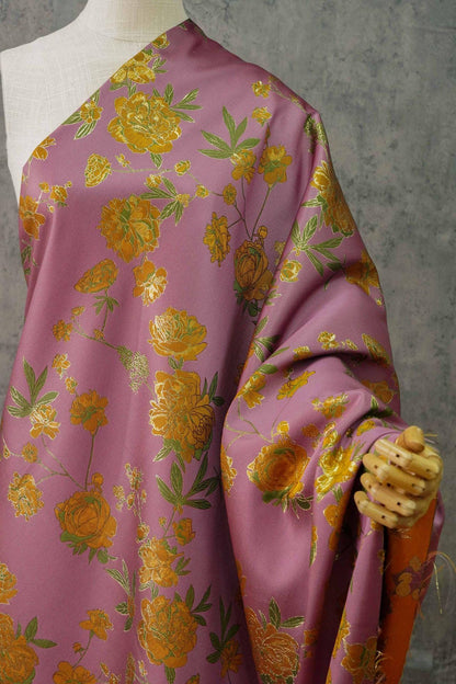 Gold Thread Purple Jacquard Fabric: Peony Pattern, 59" Wide