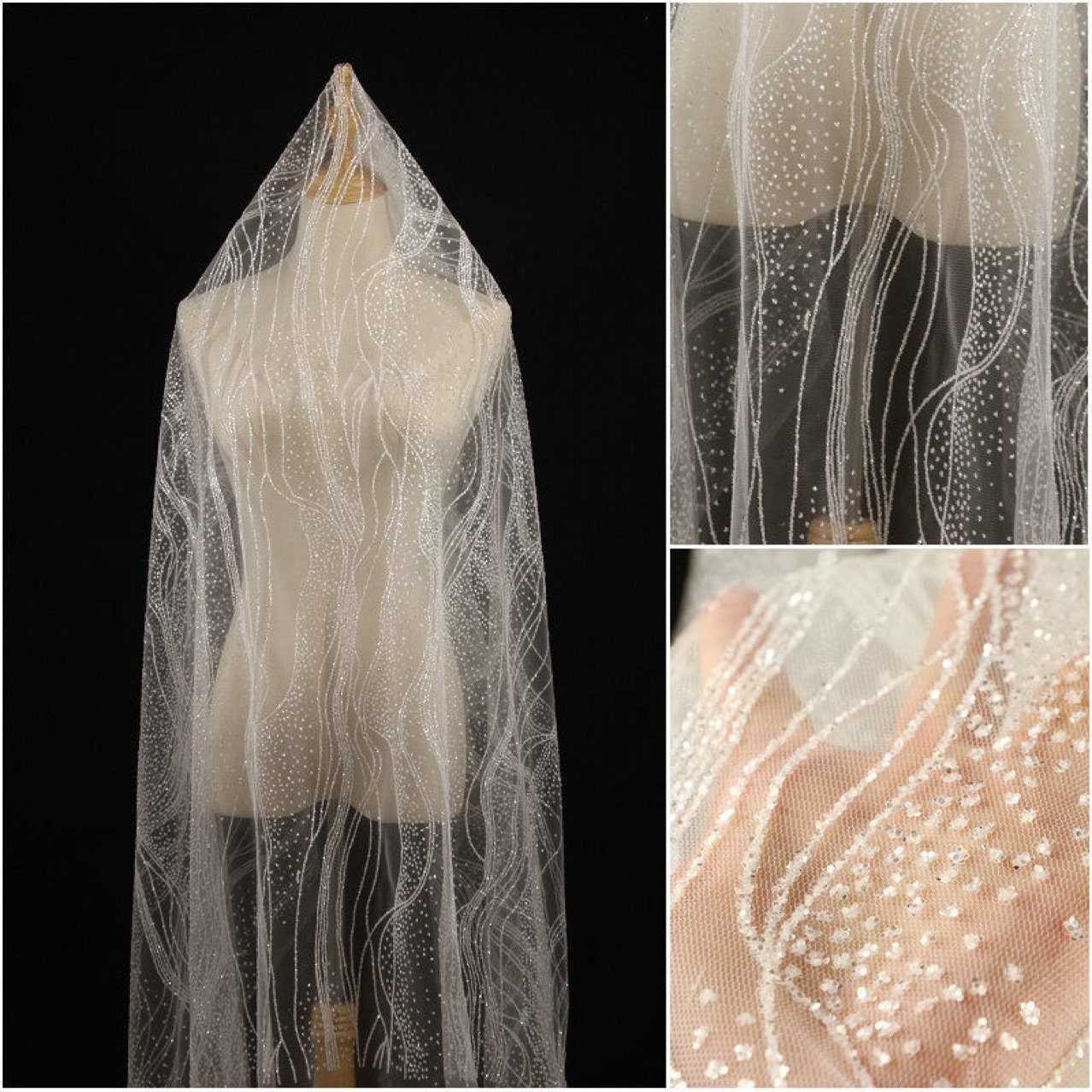Glitter Mesh Fabric, Silver Geometric Lace for Bridal Veil, 55"W