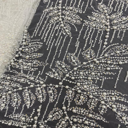 Luxury Beaded & Sequin Embroidered Fabric ��� 4/6/8mm Pearls, Bridal Material, Wedding Dress, Prom, Couture Sewing, High-End Fashi"W