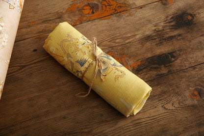 Yellow Dragon Phoenix Print Ramie Fabric: 57" Wide