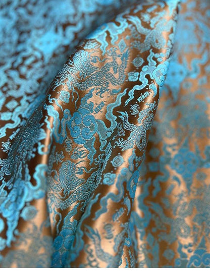 Tissu brocart bleu sarcelle à motif de dragon chinois : mélange de soie et de rayonne, 75 cm de large