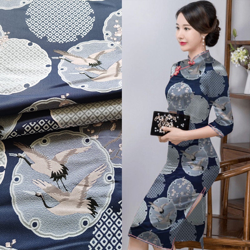 Crane & Plum Blossom Jacquard Fabric: Cheongsam Qipao Sewing Material