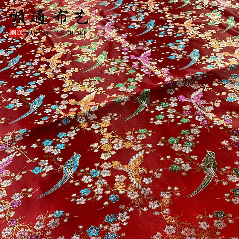 Bird Peony Jacquard Brocade Fabric: Golden Cheongsam Qipao Sewing, 59"W