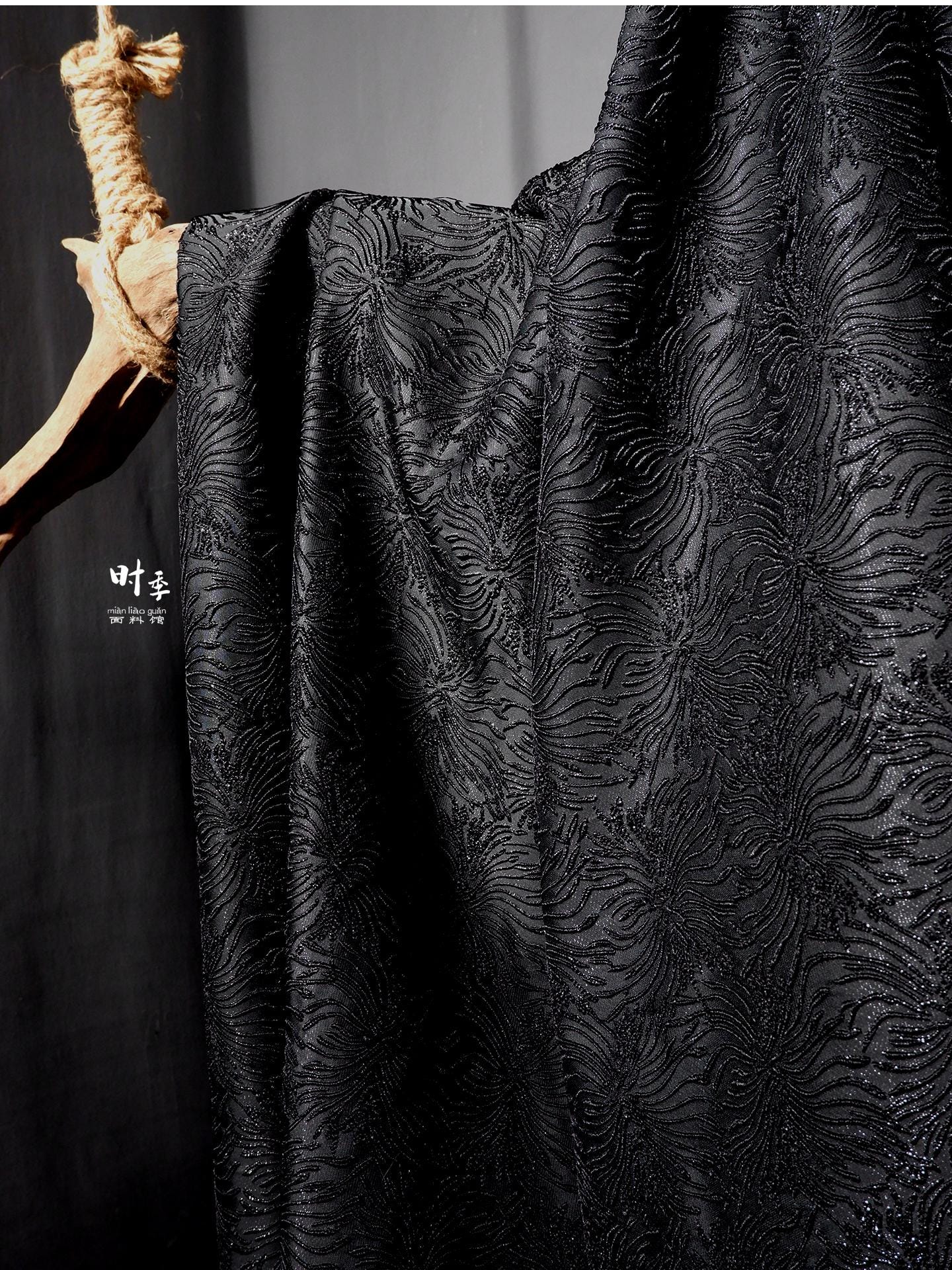 Black Spider Lily Jacquard Fabric | Embossed 3D Floral Brocade, 52" Wide