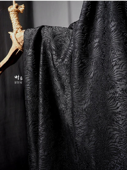 Black Spider Lily Jacquard Fabric | Embossed 3D Floral Brocade, 52" Wide