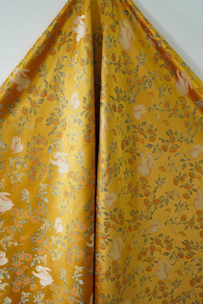 Floral Rabbit Brocade Fabric, Yellow Chinese Jacquard, 58" Wide