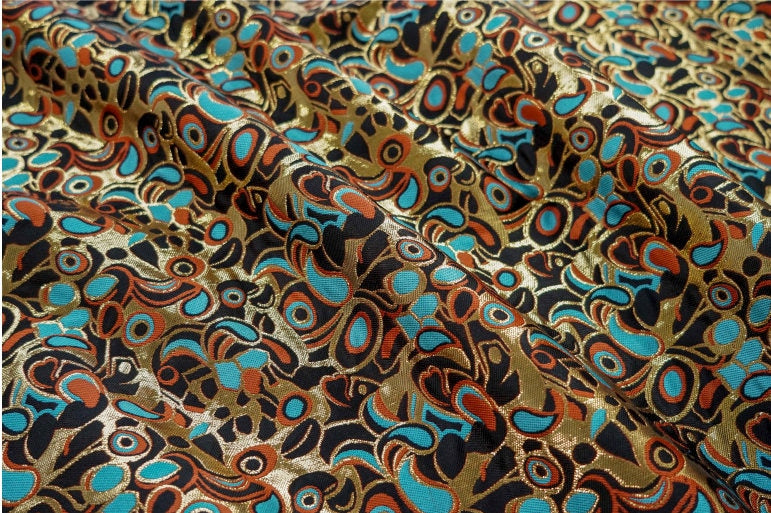 Gold Embossed Jacquard Fabric: Vintage Cashew Floral Design, 59" Wide