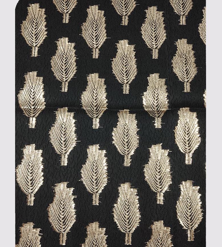 Black Jacquard Fabric: 3D Gold Thread Leaf Design, 59" Wide