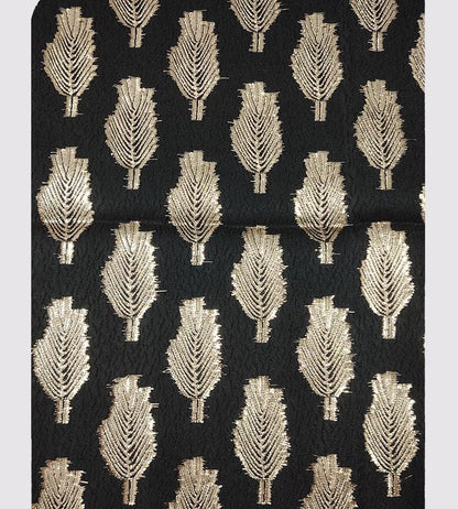 Black Jacquard Fabric: 3D Gold Thread Leaf Design, 59" Wide