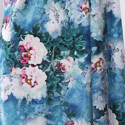 Floral Silk Damask Fabric: Green Lotus Print, 59" Wide