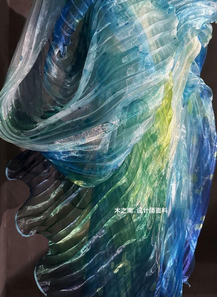 Smudged Sea Wave Organza Fabric: Accordion Pleated Laser Design, 55" Wide