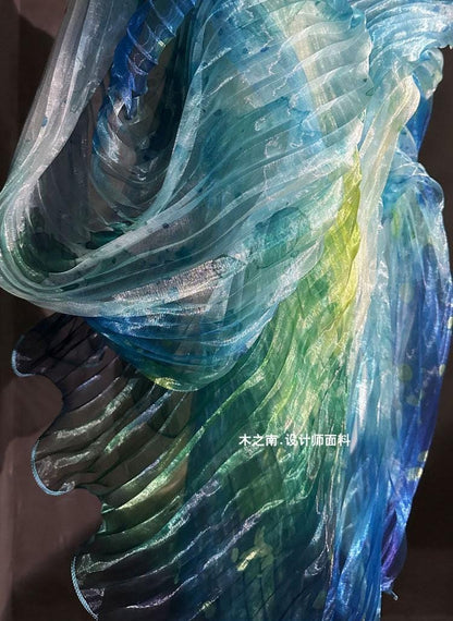 Smudged Sea Wave Organza Fabric: Accordion Pleated Laser Design, 55" Wide