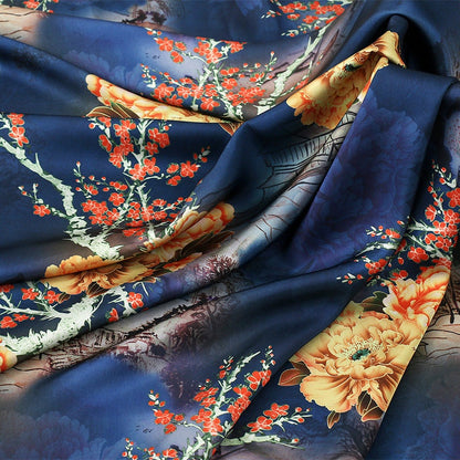 Tissu satin de soie imprimé pivoines - 150 cm de large - Couture, costumes, décoration