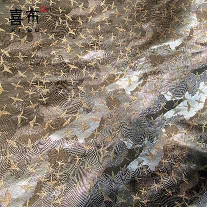 Crane Jacquard Satin Fabric: Silver Grey Retro Brocade, 29.5"W
