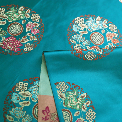 Teal Chinese Silk Brocade Fabric: Floral Upholstery, Costume Sewing (By The Meter)