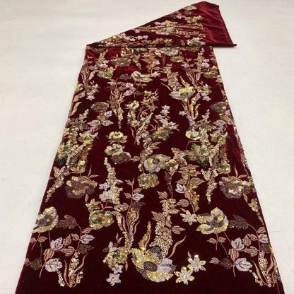 Tissu velours brodé à motifs floraux ���� Paillettes et perles" large