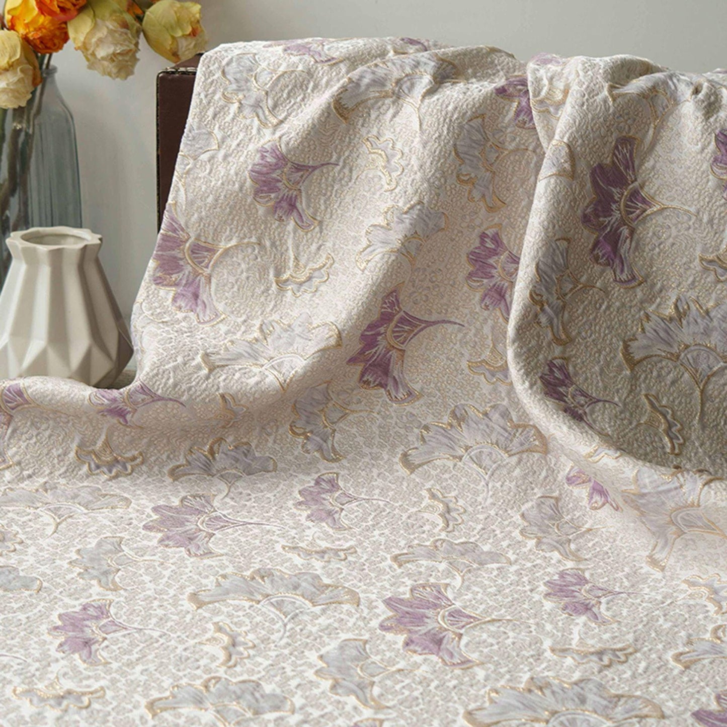 Gold Thread Jacquard Woven Fabric: 3D Lilac Floral Embossed Upholstery, Costume, Sewing - 60"W