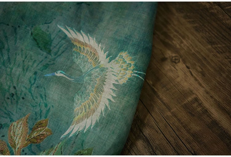 Jade Green Ramie Fabric: Crane Print, Soft Home Textile, 55"W