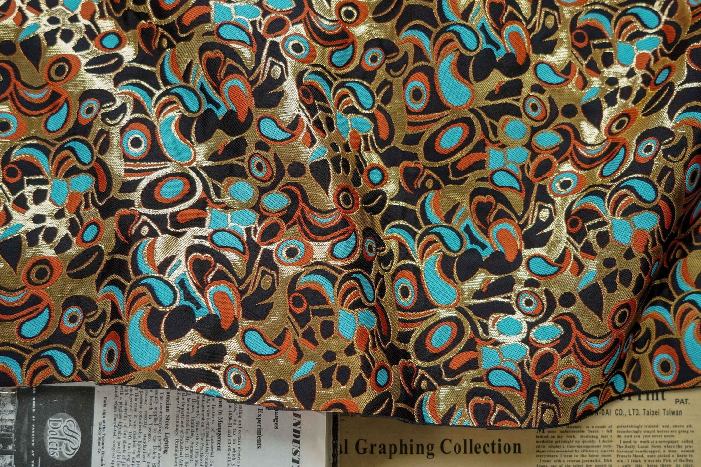 Gold Embossed Jacquard Fabric: Vintage Cashew Floral Design, 59" Wide