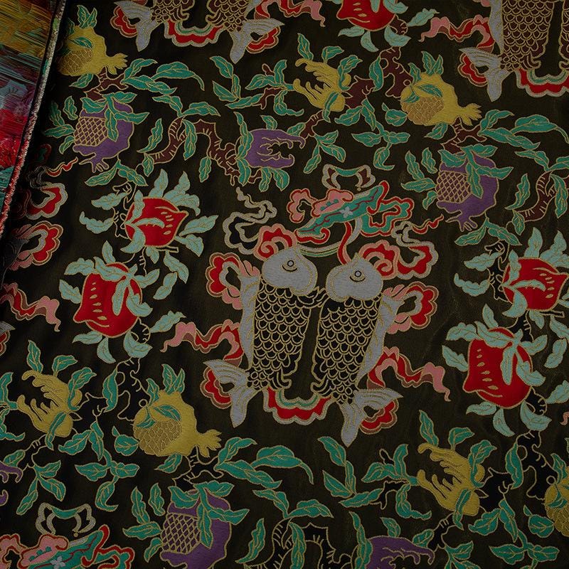 Pisces Double Fish Brocade Fabric: Chinese Silk Rayon Blend