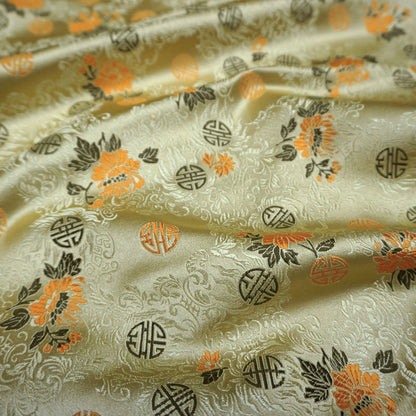 Tissu brocart chinois rouge et or | Motif Fu et Shou, 75 cm de large