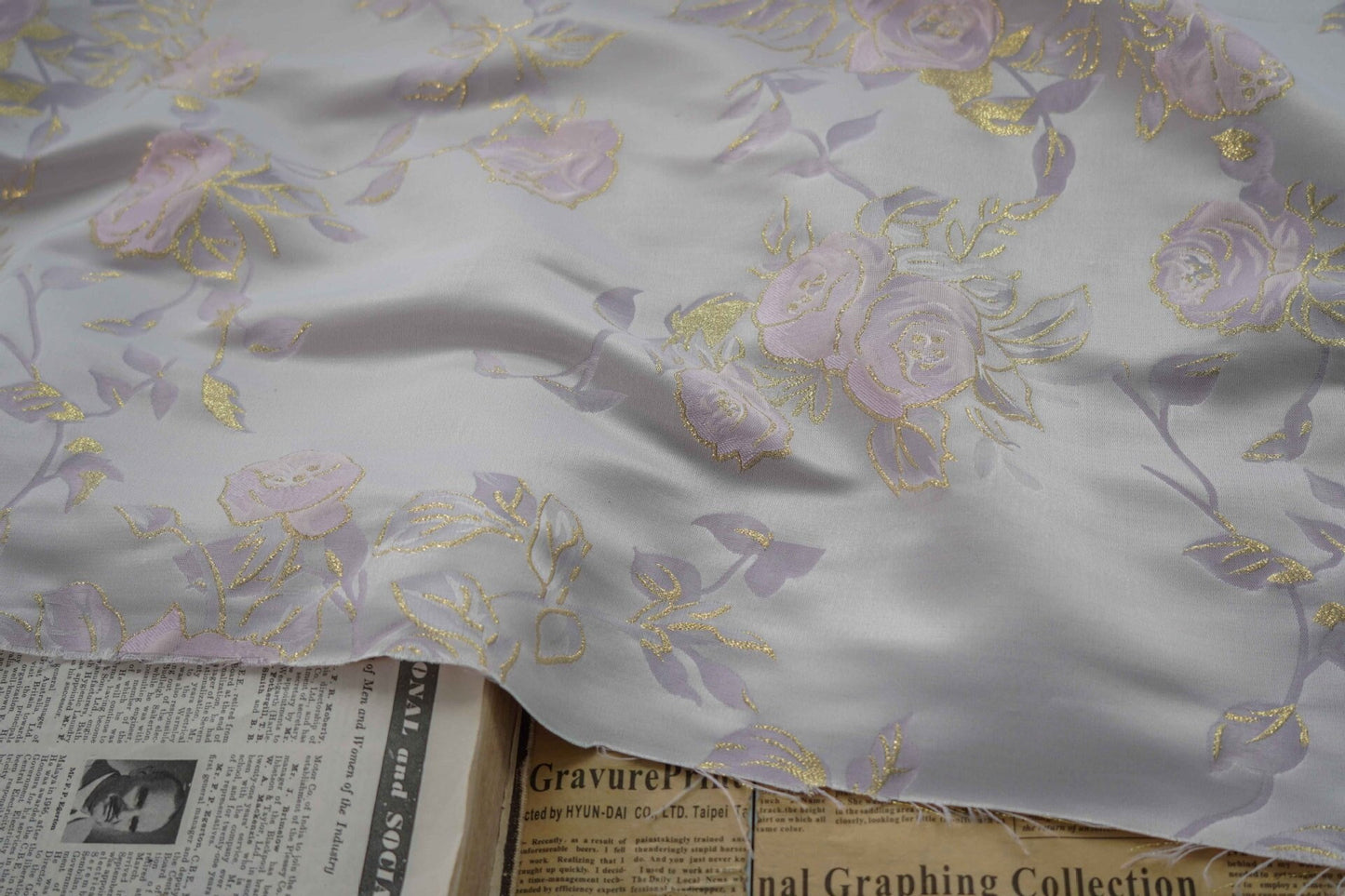 Gold Thread Floral Jacquard Fabric: 3D Texture, 63" Wide By The Meter