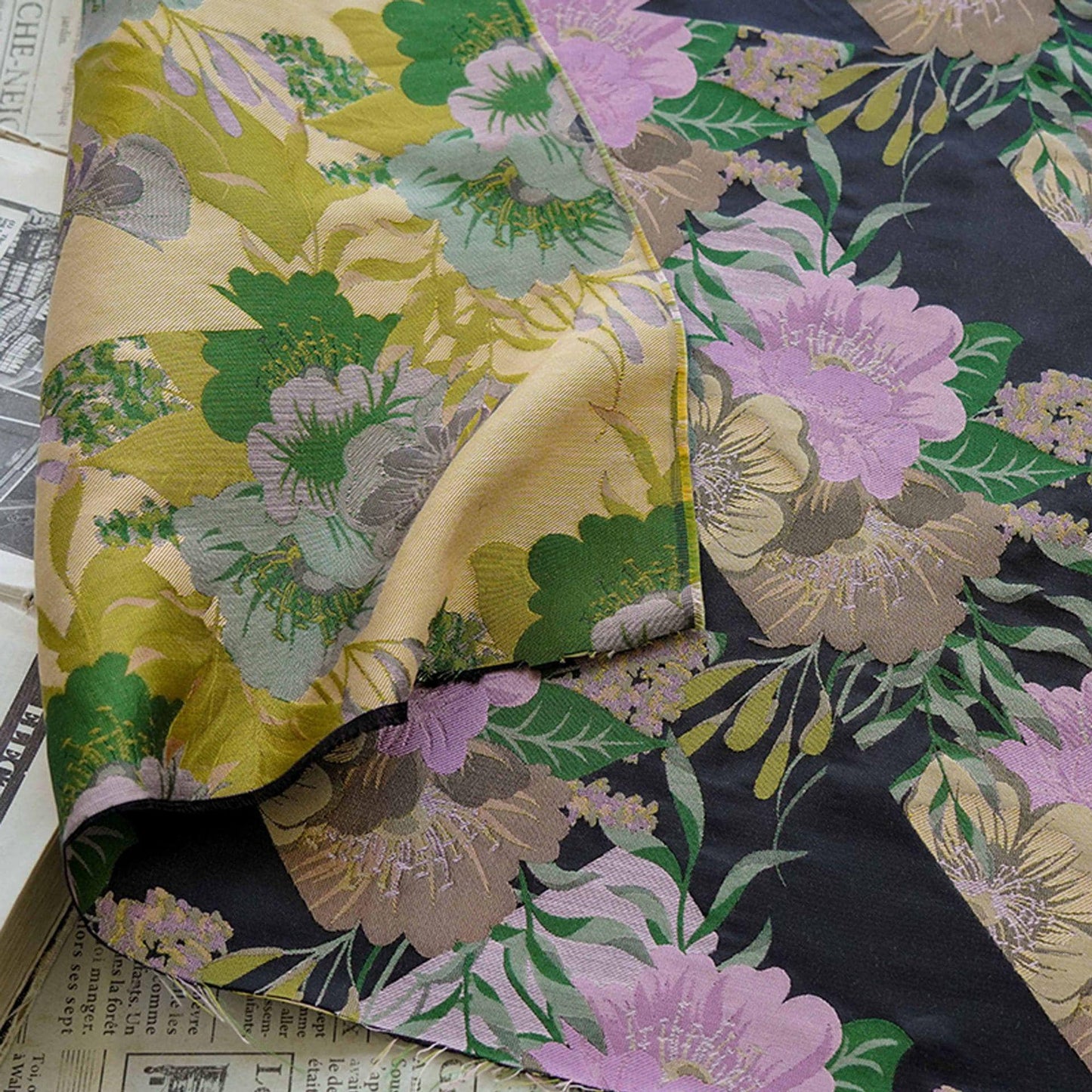 Black Floral Jacquard Brocade Fabric: Romantic Yarn-Dyed Sewing Material, 55"W