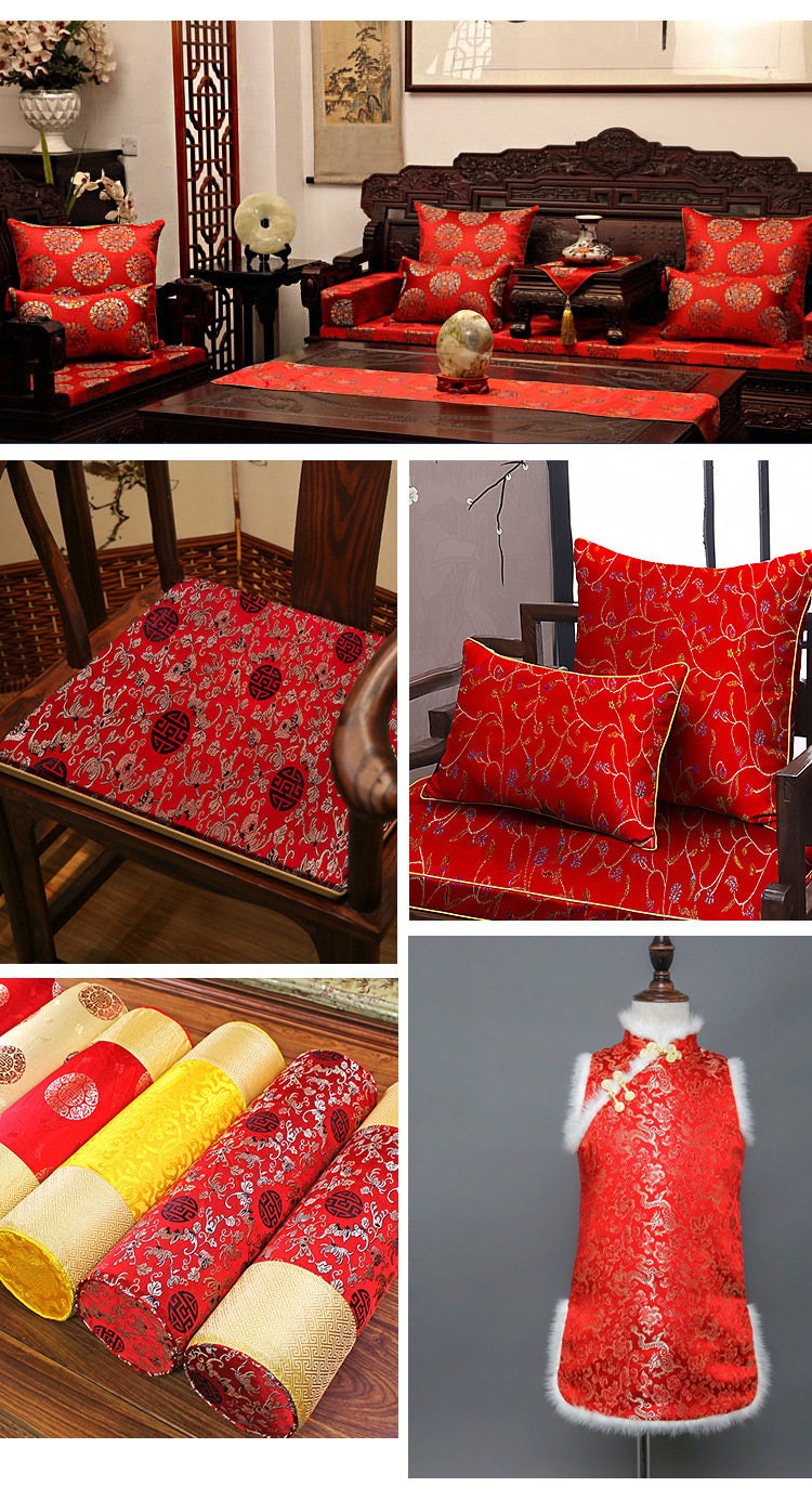 Brocart de soie rouge : tissu d'ameublement et de couture à motifs floraux traditionnels, 150 cm de large