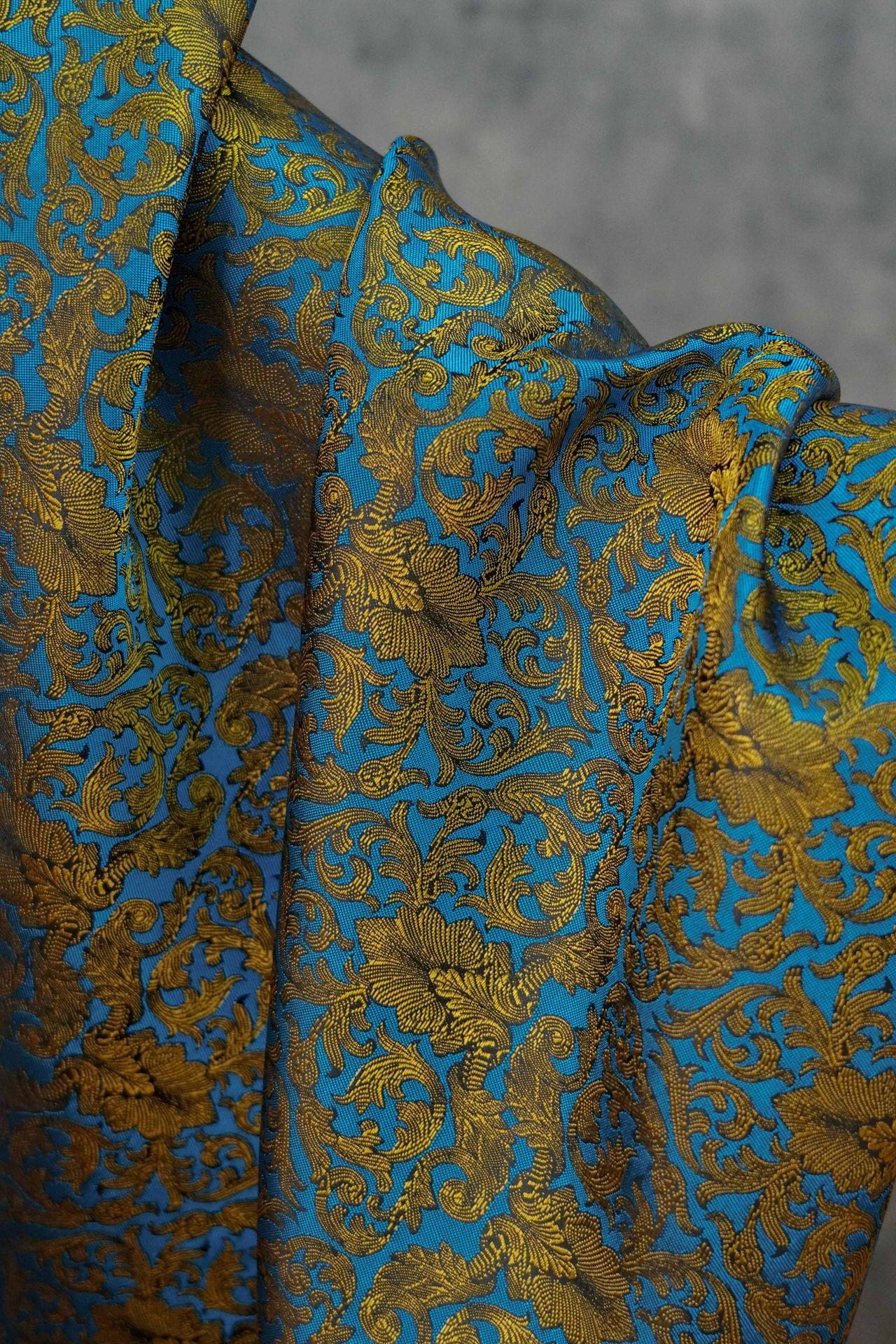 Blue & Gold Floral Jacquard Fabric: European Palace Style, 59" Wide
