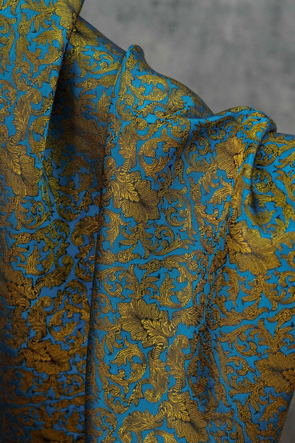 Blue & Gold Floral Jacquard Fabric: European Palace Style, 59" Wide