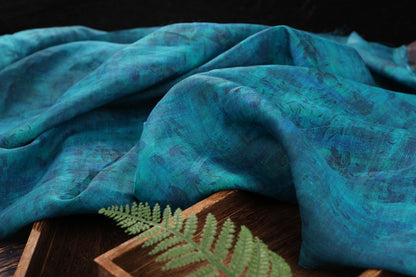 Tissu ramie imprimé de totems anciens bleu sarcelle - 140 cm de large