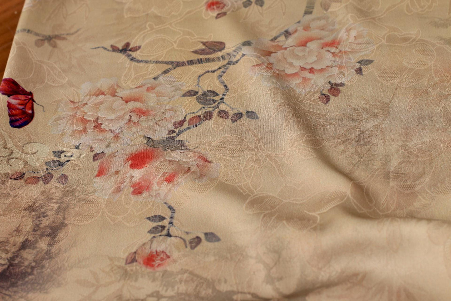 Floral Butterfly Print Fabric: Gambiered Canton Gauze Tea Silk