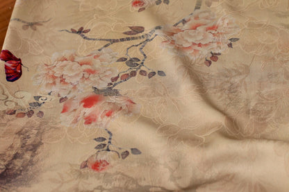 Floral Butterfly Print Fabric: Gambiered Canton Gauze Tea Silk