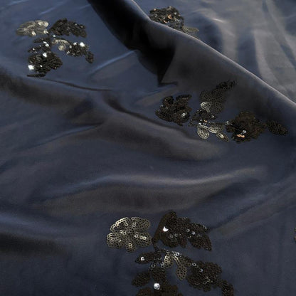 Black Satin Fabric with Gold Sequin Embroidery ��" Wide