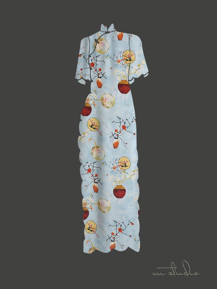 Chinese Ink Painting Cotton Fabric: Floral Drapery, Costume Sewing (55"W)