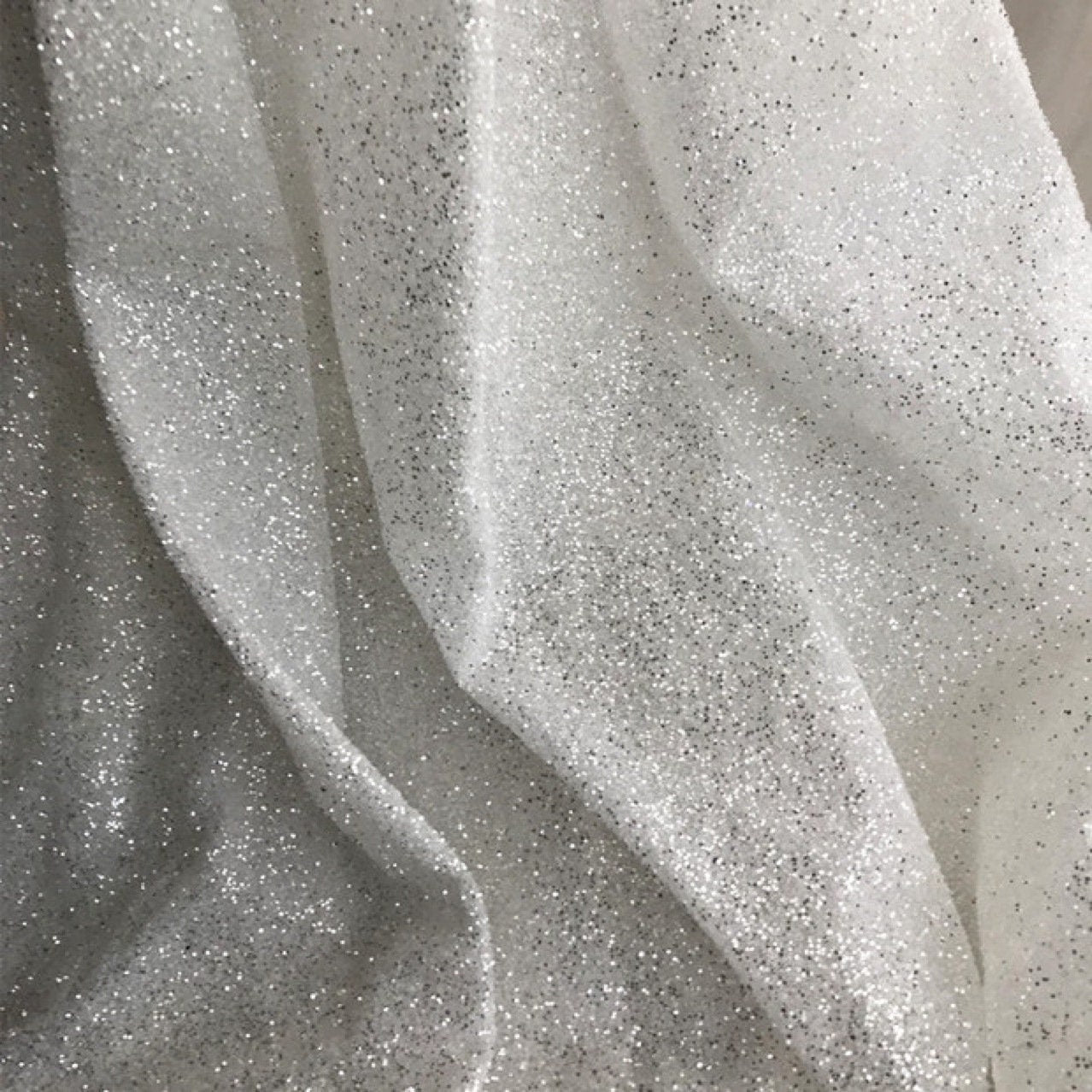 Glitter Lace Fabric: Shiny White Bronzing Foil on Tulle (51"W)
