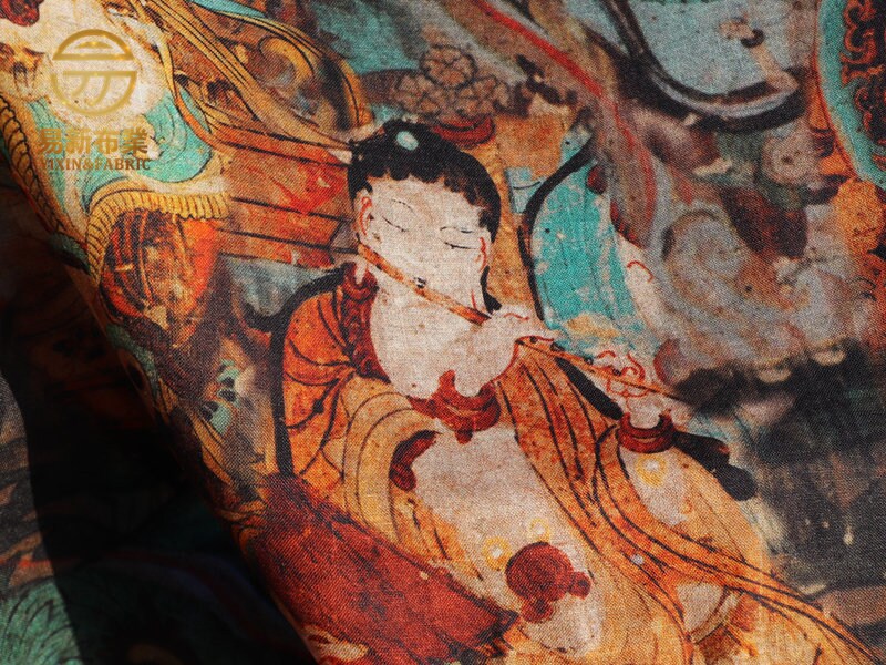 Dunhuang Fresco Buddha Linen Fabric: Asian Style Upholstery, Scarf, Curtain, Sewing (55"W)