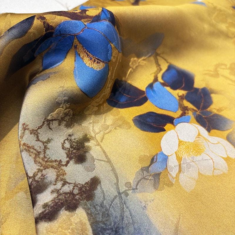Gold & Blue Floral Tea Silk Satin Fabric: 55"W Digital Print