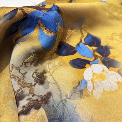 Gold & Blue Floral Tea Silk Satin Fabric: 55"W Digital Print