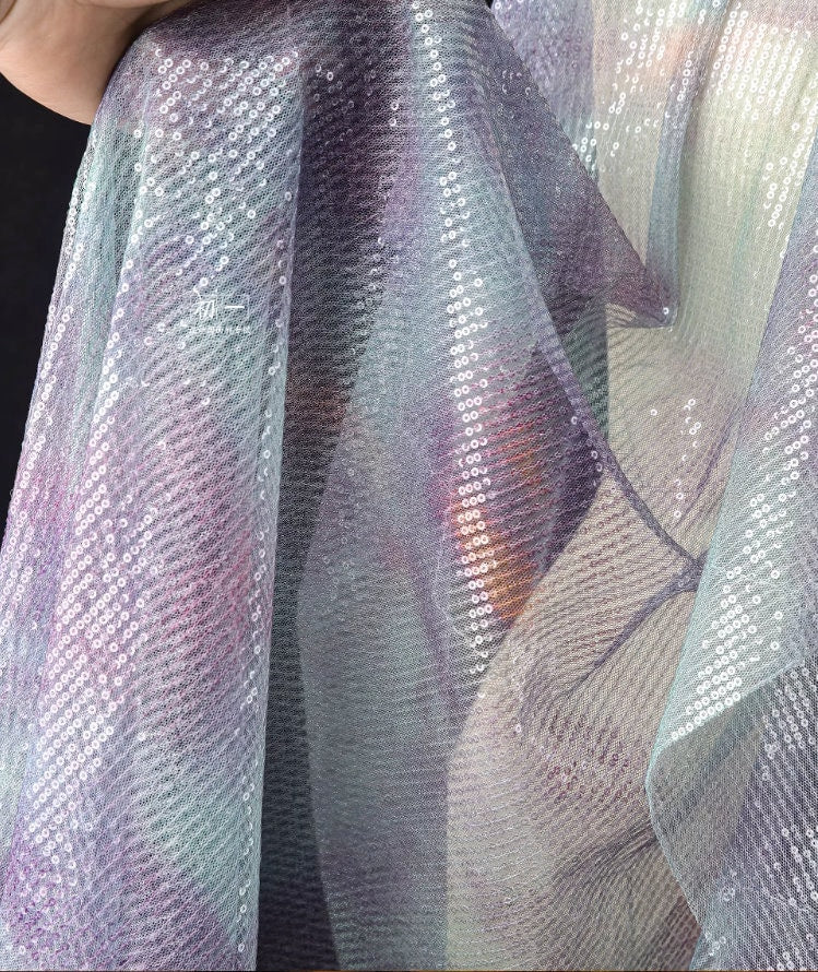 Lilac Green Sequin Mesh Fabric, Embroidered Scale Design, 49"W