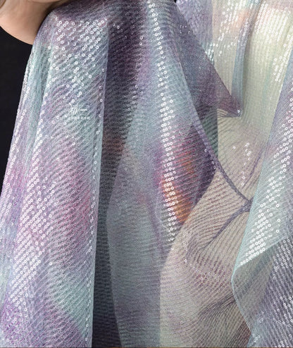 Lilac Green Sequin Mesh Fabric, Embroidered Scale Design, 49"W