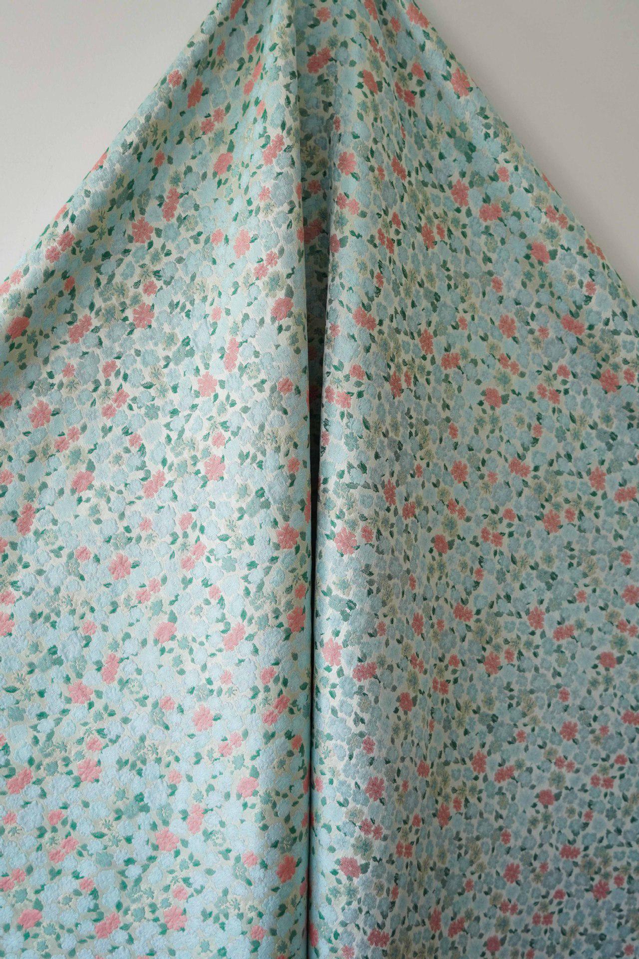 Blue & Pink Floral Jacquard Fabric - 63"W Chinese Style