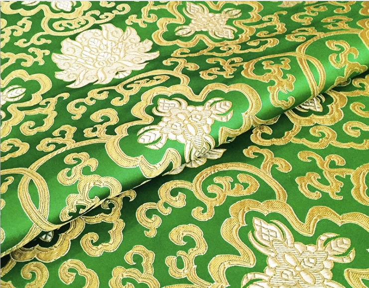 Green Floral Brocade Fabric: 59" Wide Rayon Upholstery Sewing Fabric