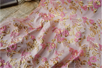 Pink Gold Floral Jacquard Fabric: 3D Designer Sewing Material (57"W)