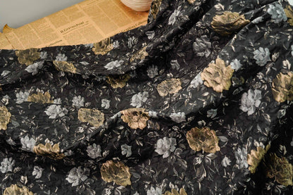 Black Floral Jacquard Fabric: Vintage 3D Designer Material, 65" Wide