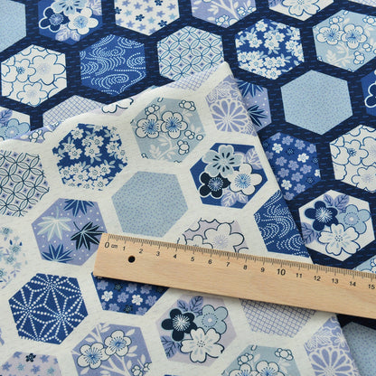 Japanese Blue Cotton Fabric: Floral Print Sewing Material