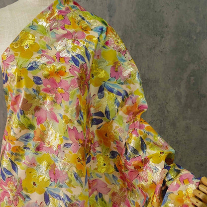 Floral Jacquard Woven Fabric: 3D Gold Thread Embossed Texture, 57" Wide