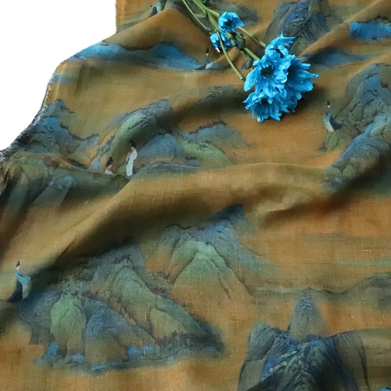 Ancient Painting Ramie Fabric: Upholstery, Costume, Scarf (57"W)